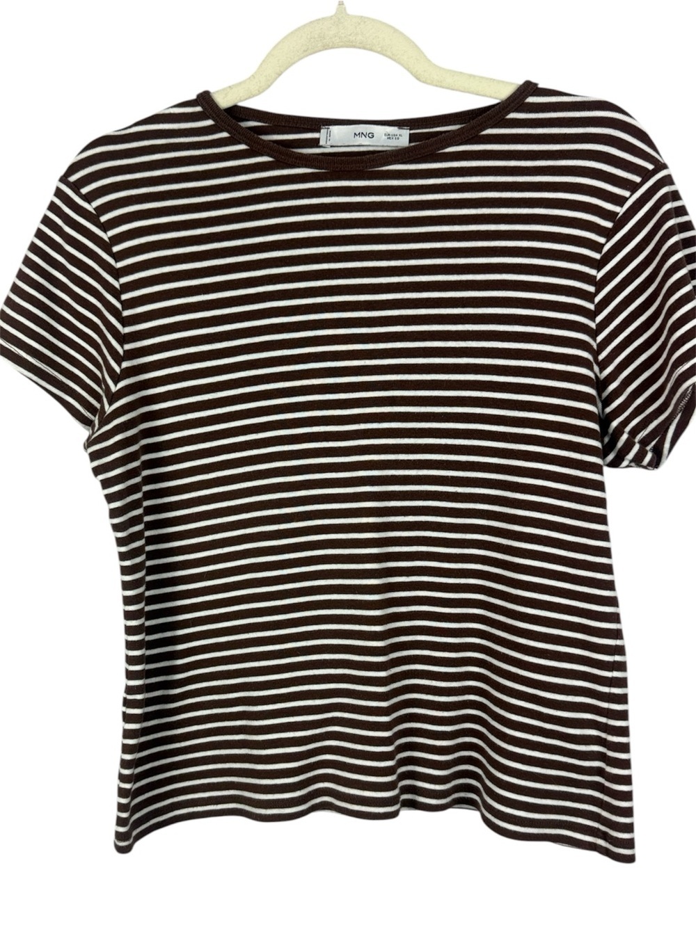 MNG Mango Striped Crew Neck Short Sleeve Fine Ribbed T-Shirt Brown White XL